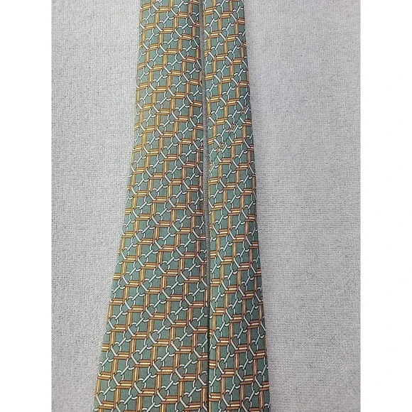 Hermes Men's OS Designer Necktie 100% Silk Green Gold Print Business Work Tie